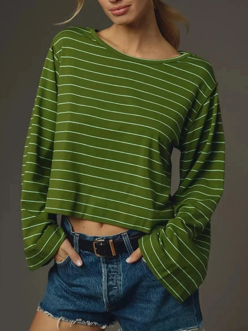 By Anthropologie East West Bell Long-Sleeve Striped Tee In Green Women's Sz S